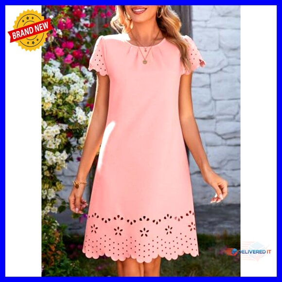 Short Sleeve Pleated Mini Dress Hollow Out Embroidery Casual Elegant Summer - Picture 4 of 7